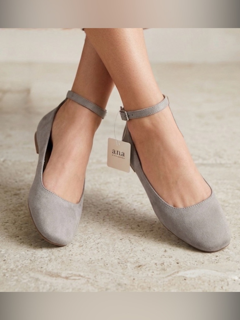 a.n.a Light Gray Suede Ankle-Strap Flats for Women